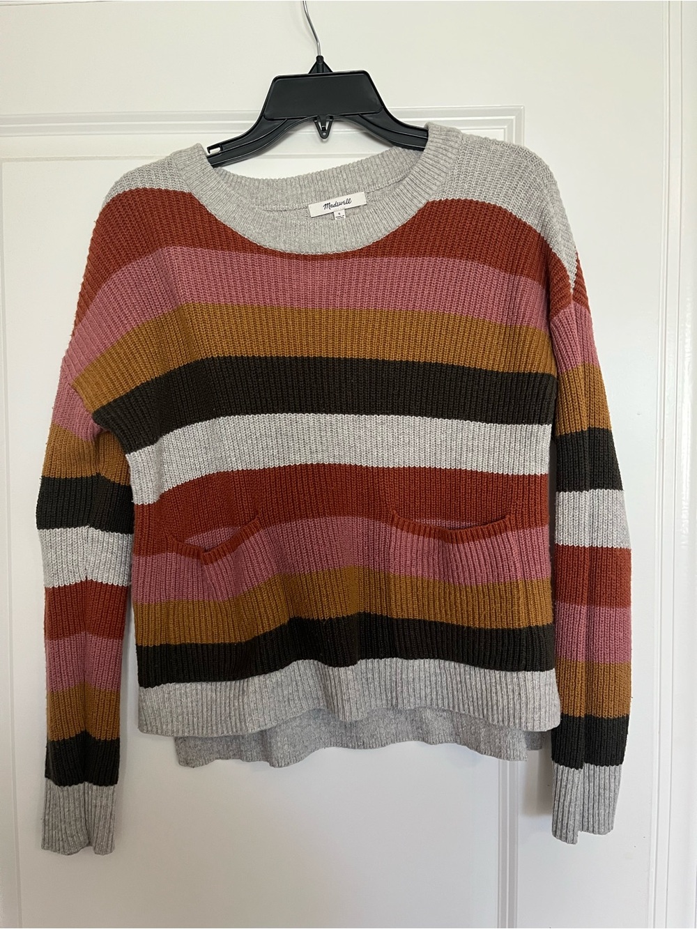 Madewell Multicolor Striped Crewneck Sweater — Gray, Pink & Rust Tones
